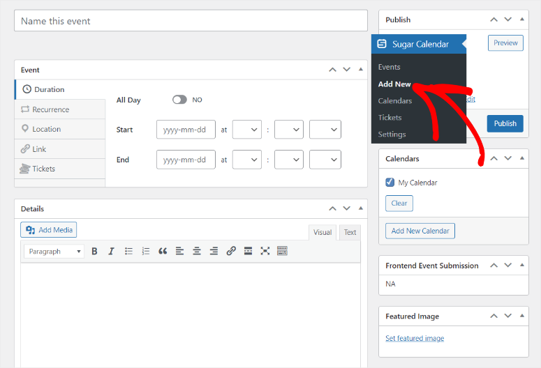 sugar-calendar-new-event - IsItWP - Rilevatore di temi WordPress gratuito sugar calendar new event