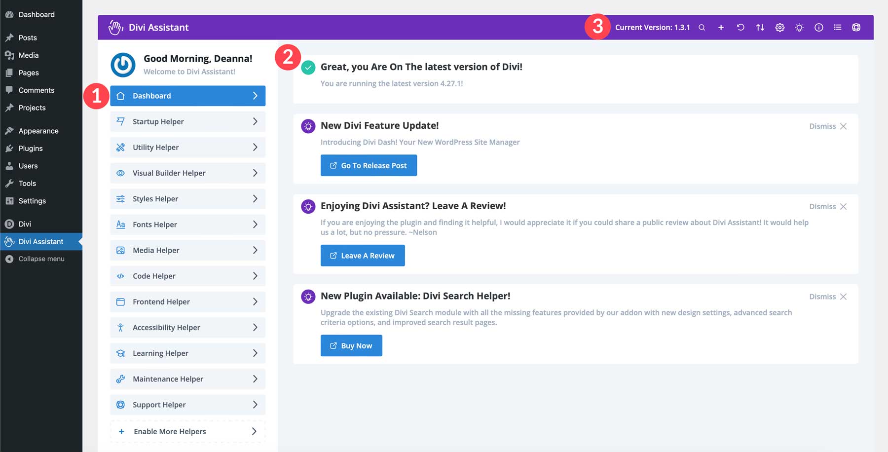 Divi 어시스턴트 대시보드