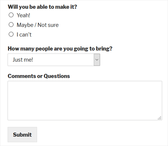 Modulo RSVP in WordPress-WeForms This is a screenshot of weforms- rsvp form in wordpress