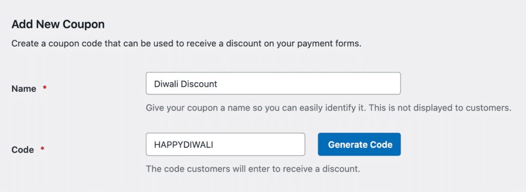 Diwali_CouponCode - WPForms Creating a new coupon code