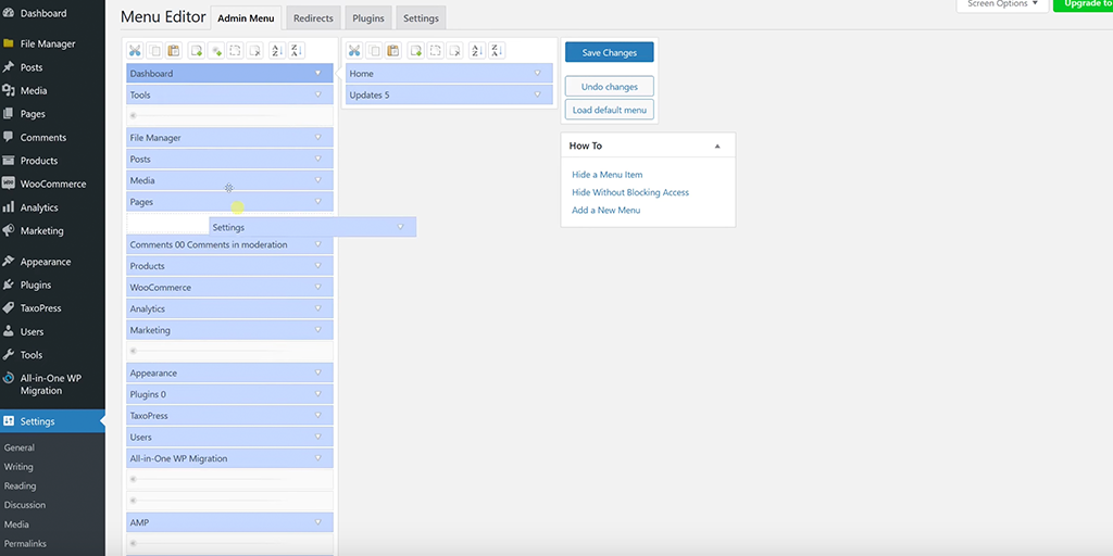 Come riordinare le voci del menu di amministrazione in WordPress? 5 Drag and drop interface in menu editor