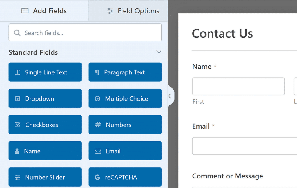 사용 가능한 필드 - WPForms available fields