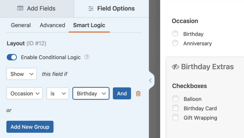 레이아웃 필드 조건부 논리 - WPForms layout field conditional logic