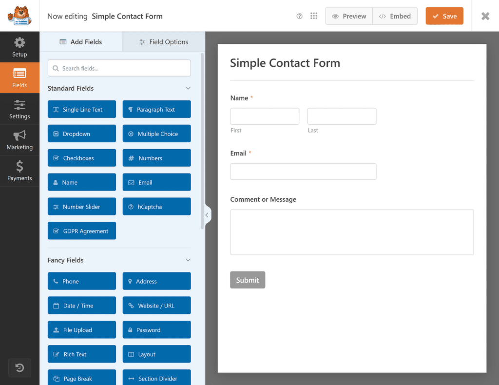 양식 작성기 미리보기 - WPForms form builder preview