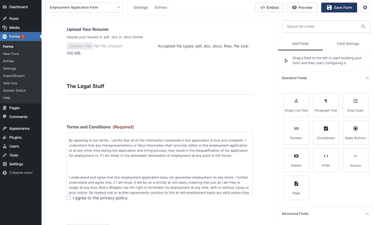 WordPress 中的重力形式界面。