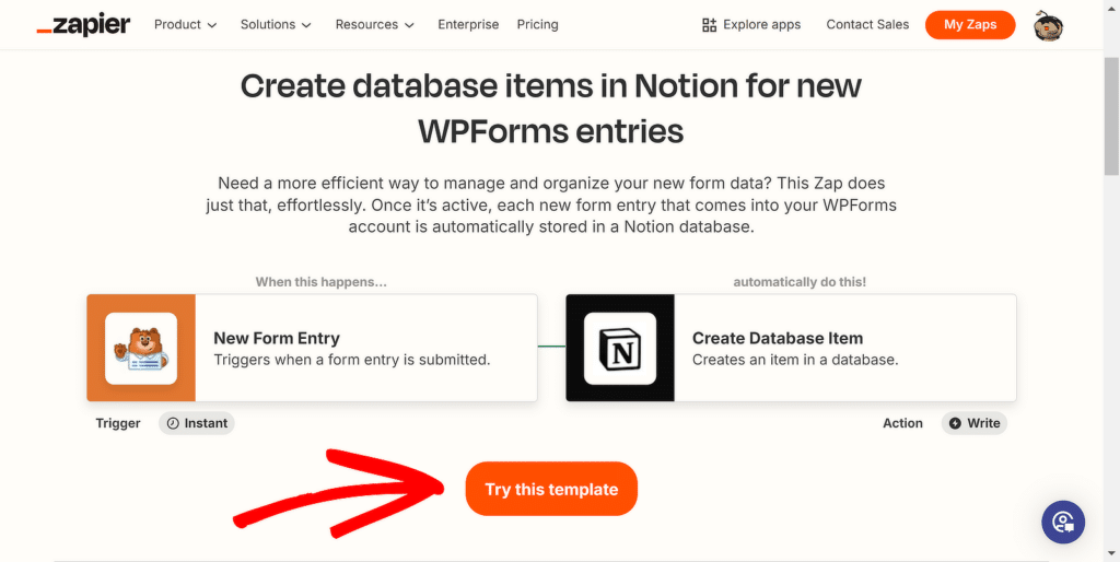 جرب قالب Zap - WPForms try zap template