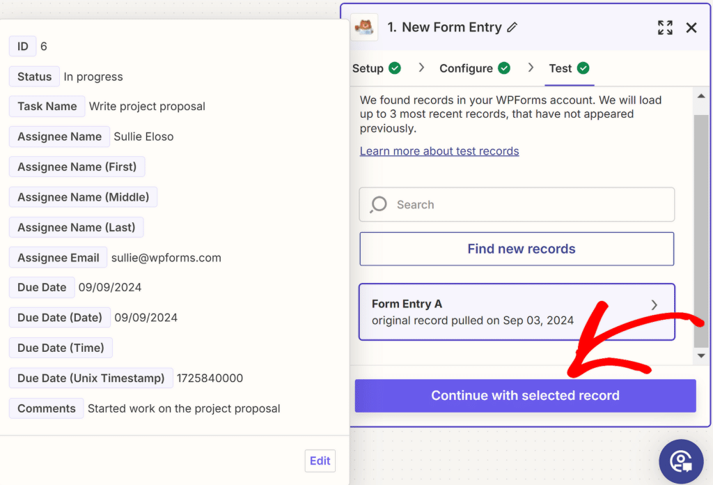 المتابعة مع السجل المحدد - WPForms continue with selected record