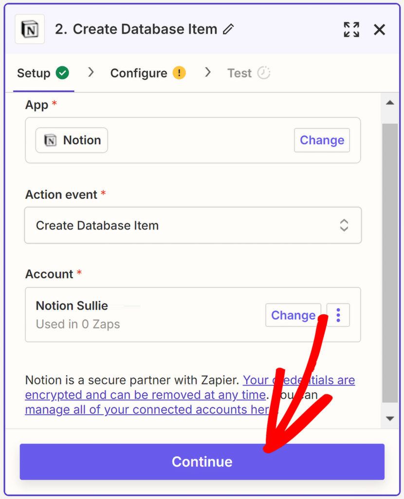حساب Zapier Notion متصل - WPForms zapier notion account connected