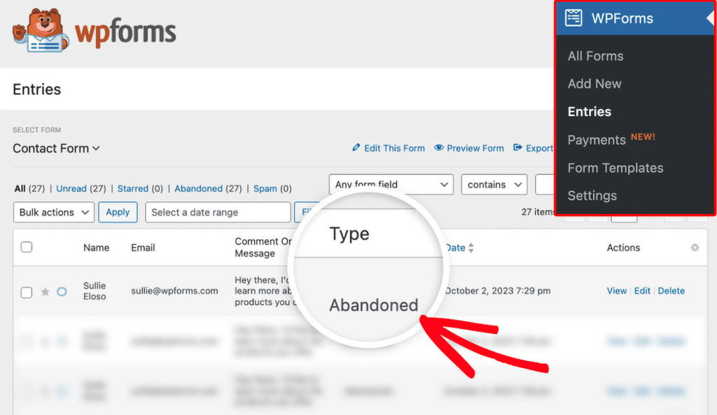 양식 포기 - WPForms form abandonment example