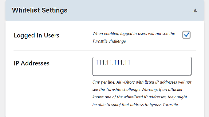 如何将 Cloudflare Turnstile 验证码添加到 WordPress 23 Whitelisng Users and IPs in Turnstile CAPTCHA settings