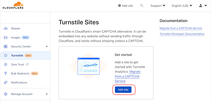 如何将 Cloudflare Turnstile 验证码添加到 WordPress 7 Adding Sites to Turnstile option in Cloudflare account