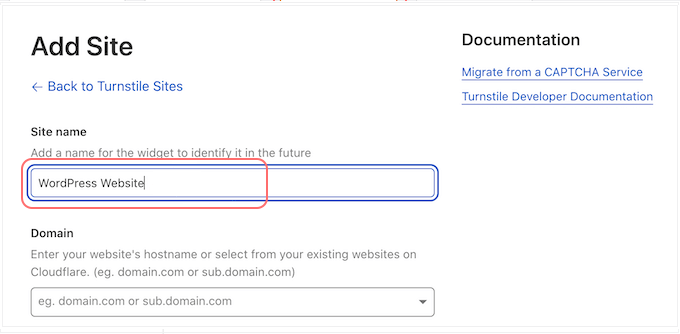 如何将 Cloudflare Turnstile 验证码添加到 WordPress 8 Entering website’s domain name in the Domain field of Turnstile option in Cloudflare account