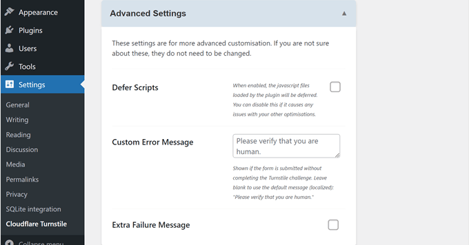 如何将 Cloudflare Turnstile 验证码添加到 WordPress 22 Advanced Settings of Cloudflare Turnstile