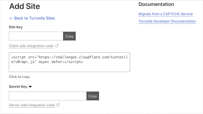 如何将 Cloudflare Turnstile 验证码添加到 WordPress 10 Site Key generated for Turnstile Captcha