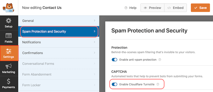 如何将 Cloudflare Turnstile 验证码添加到 WordPress 16 Spam Protection and Security option in WPForms
