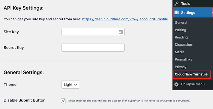 如何将 Cloudflare Turnstile 验证码添加到 WordPress 20 Cloudflare Turnstile Settings in WordPress Site