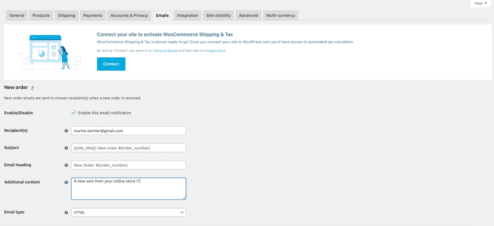 Guia Emails - Fonte: painel WooCommerce