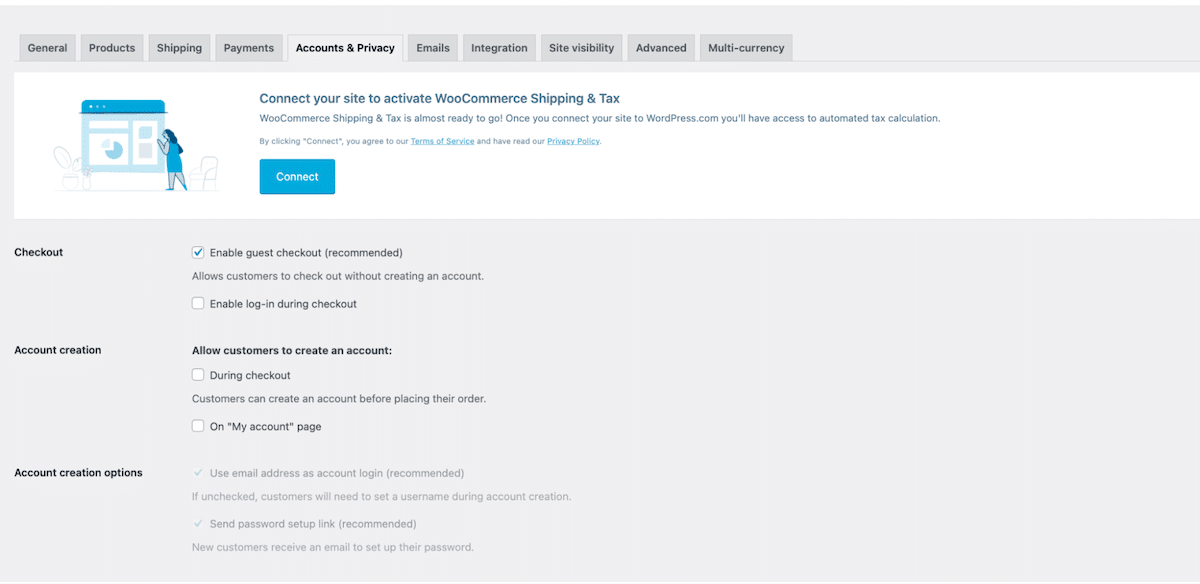 Guia Contas e privacidade - Fonte: painel WooCommerce