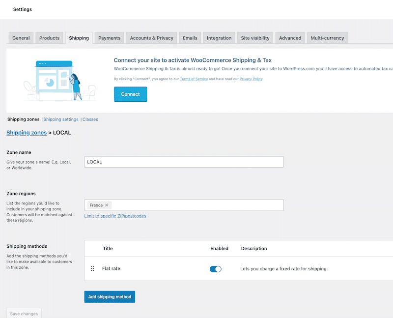 Zonas de envio - Fonte: painel WooCommerce