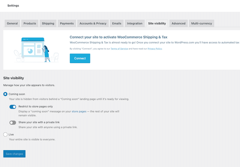 Guia Visibilidade do site - Fonte: painel WooCommerce