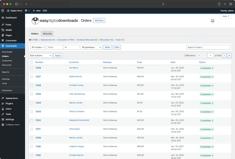 Interface EDD e exemplo de relatório para bens digitais - Fonte: Easy Digital Downloads Interface