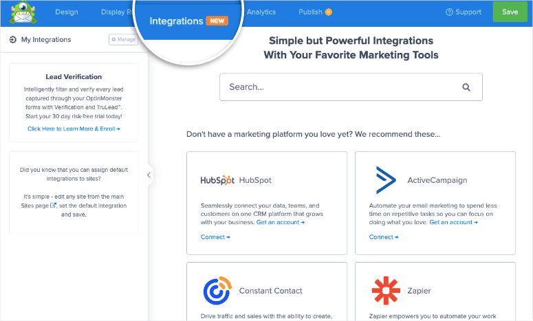 Вкладка интеграции в optinmonster — IsItWP — бесплатный детектор тем WordPress integration tab in optinmonster