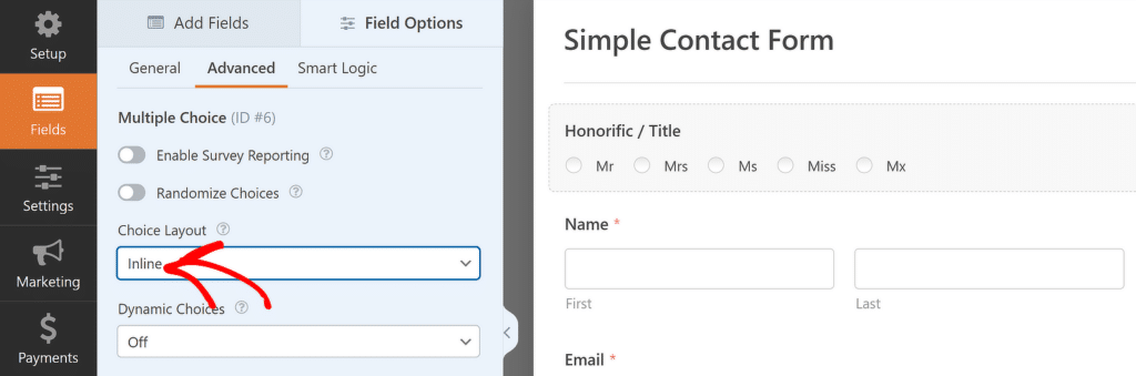 인라인 레이아웃 선택 - WPForms Selecting inline layout