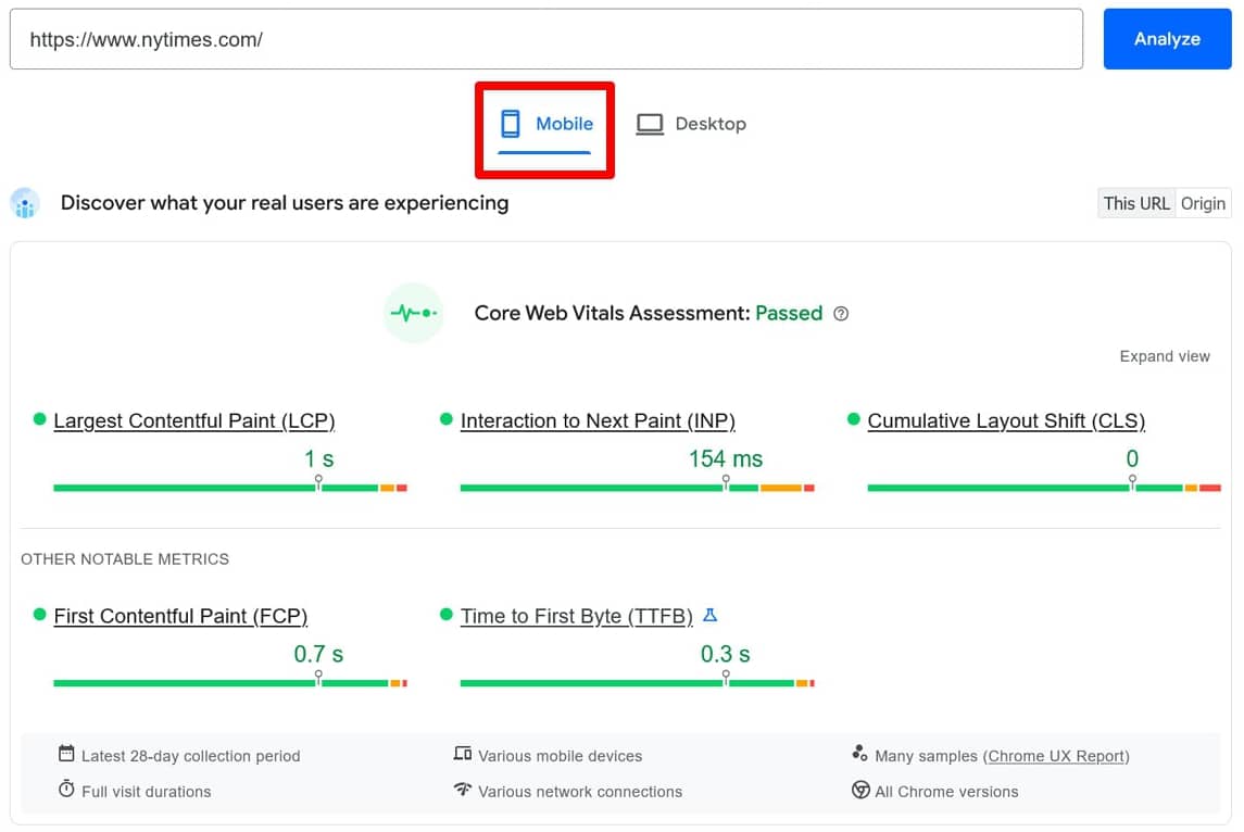 Rendimiento móvil analizado por separado en PageSpeed Insights