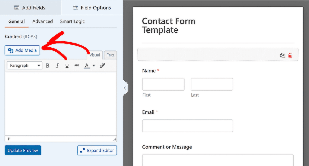 Bidang Konten Tambahkan Media - WPForms content field add media
