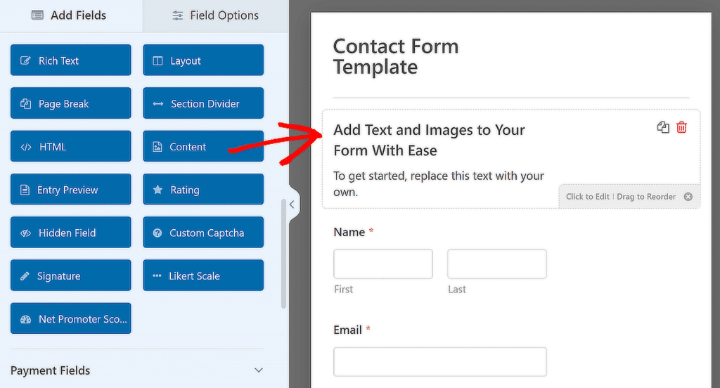 Gunakan Bidang Konten - WPForms use content field