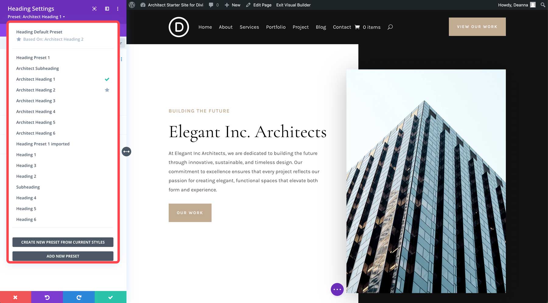 Site de démarrage d'architecte pour Divi