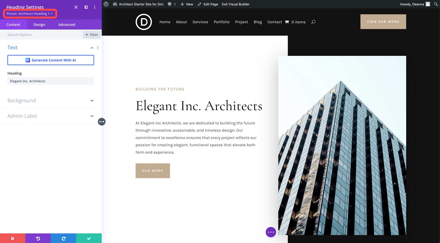 Site de démarrage d'architecte pour Divi