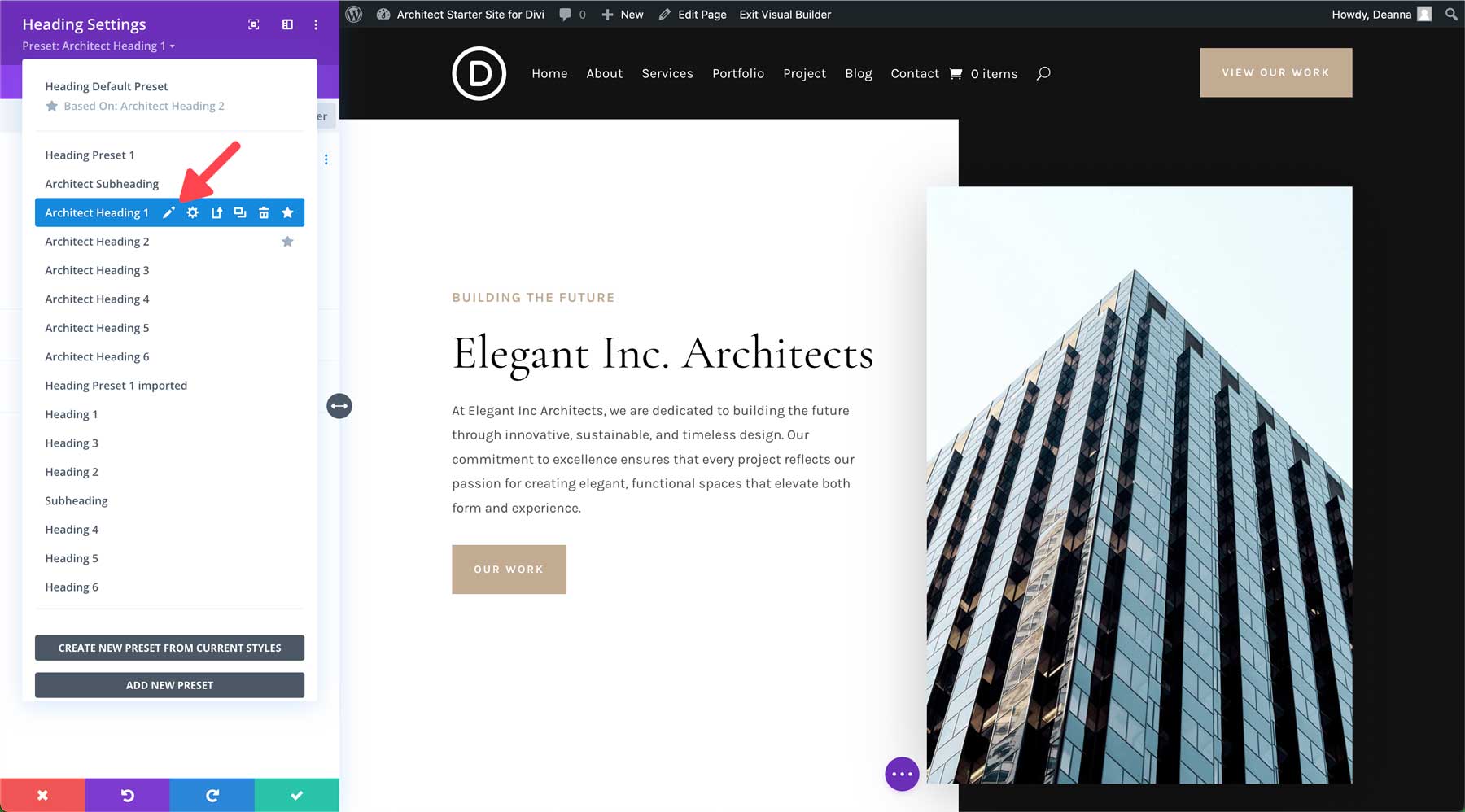 Site de démarrage d'architecte pour Divi