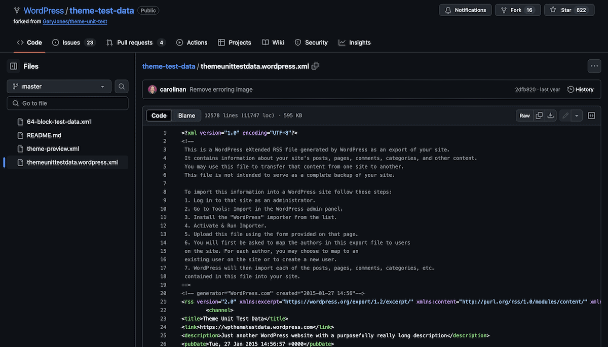Tema Birimi Test Verileri XML dosyasını gösteren WordPress GitHub deposu.