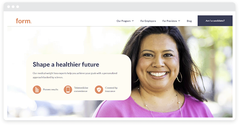 Rosa und orange Farben auf der Form Health-Website.