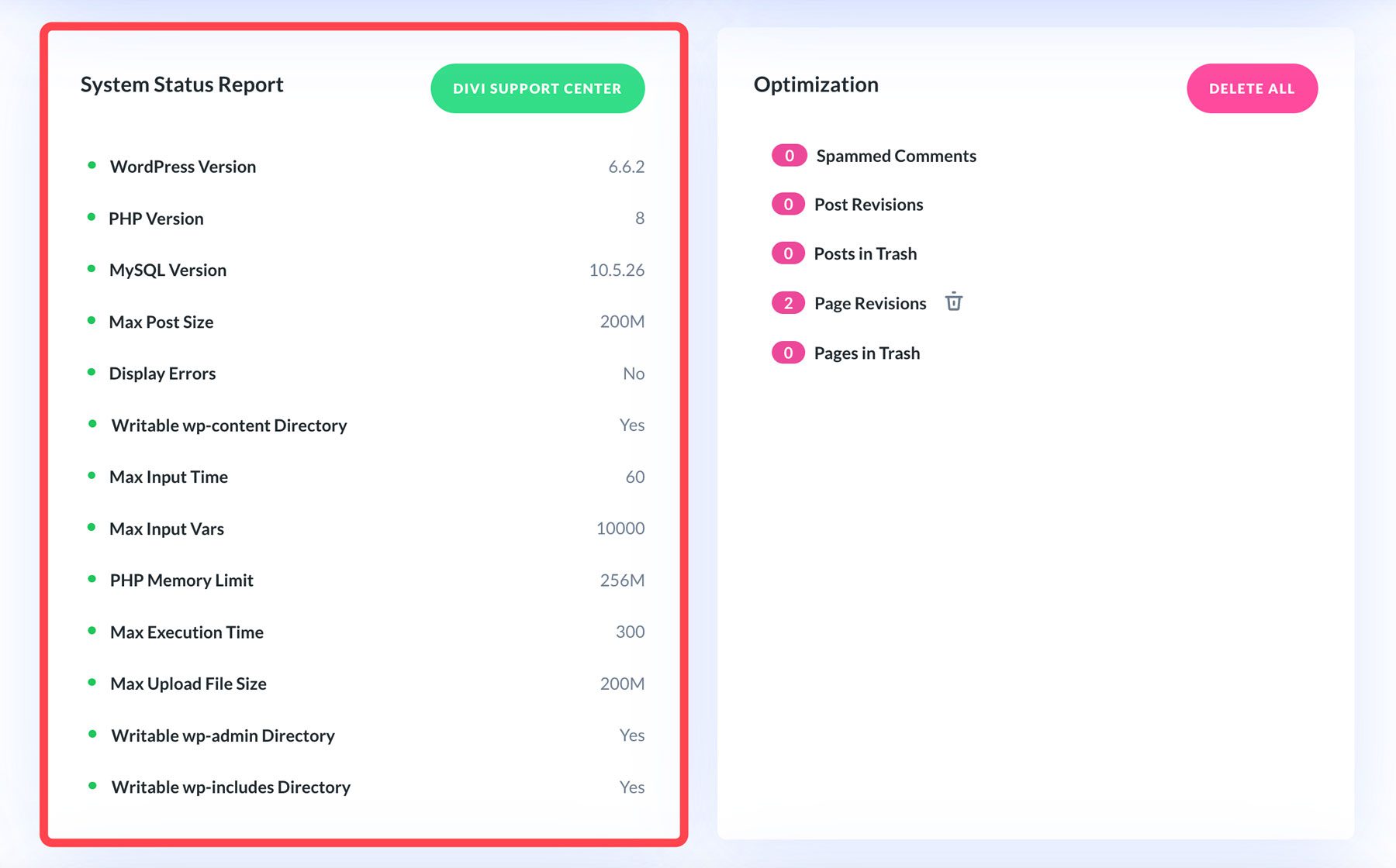 Rapporto sullo stato del sistema Divi Dash