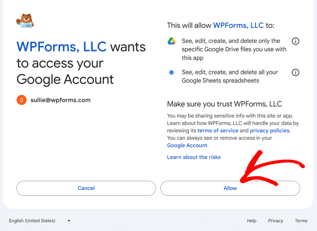 Google Erişimine İzin Ver - WPForms allow google access