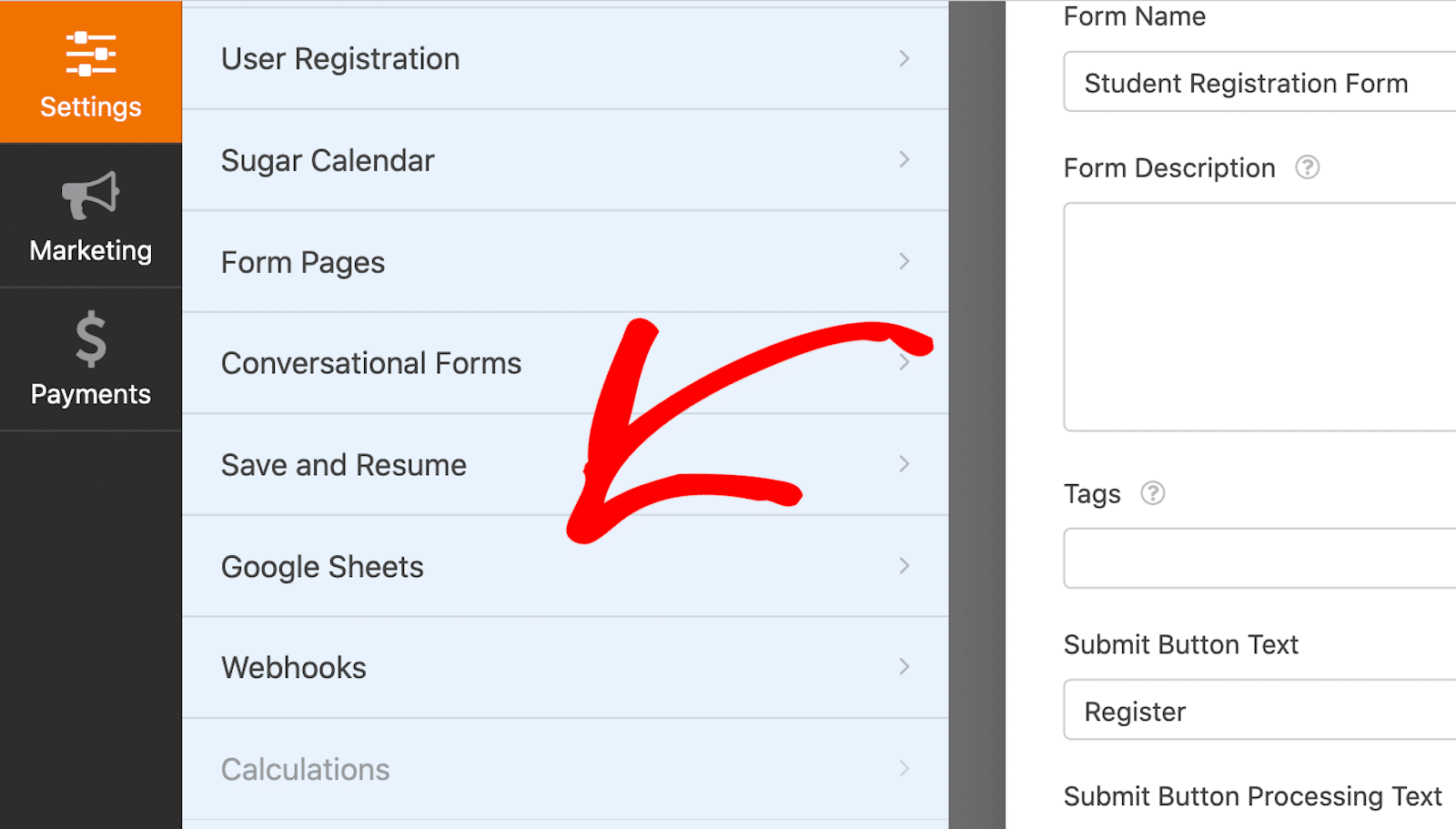 Paramètres_GoogleSheets - WPForms Google Sheets in settings