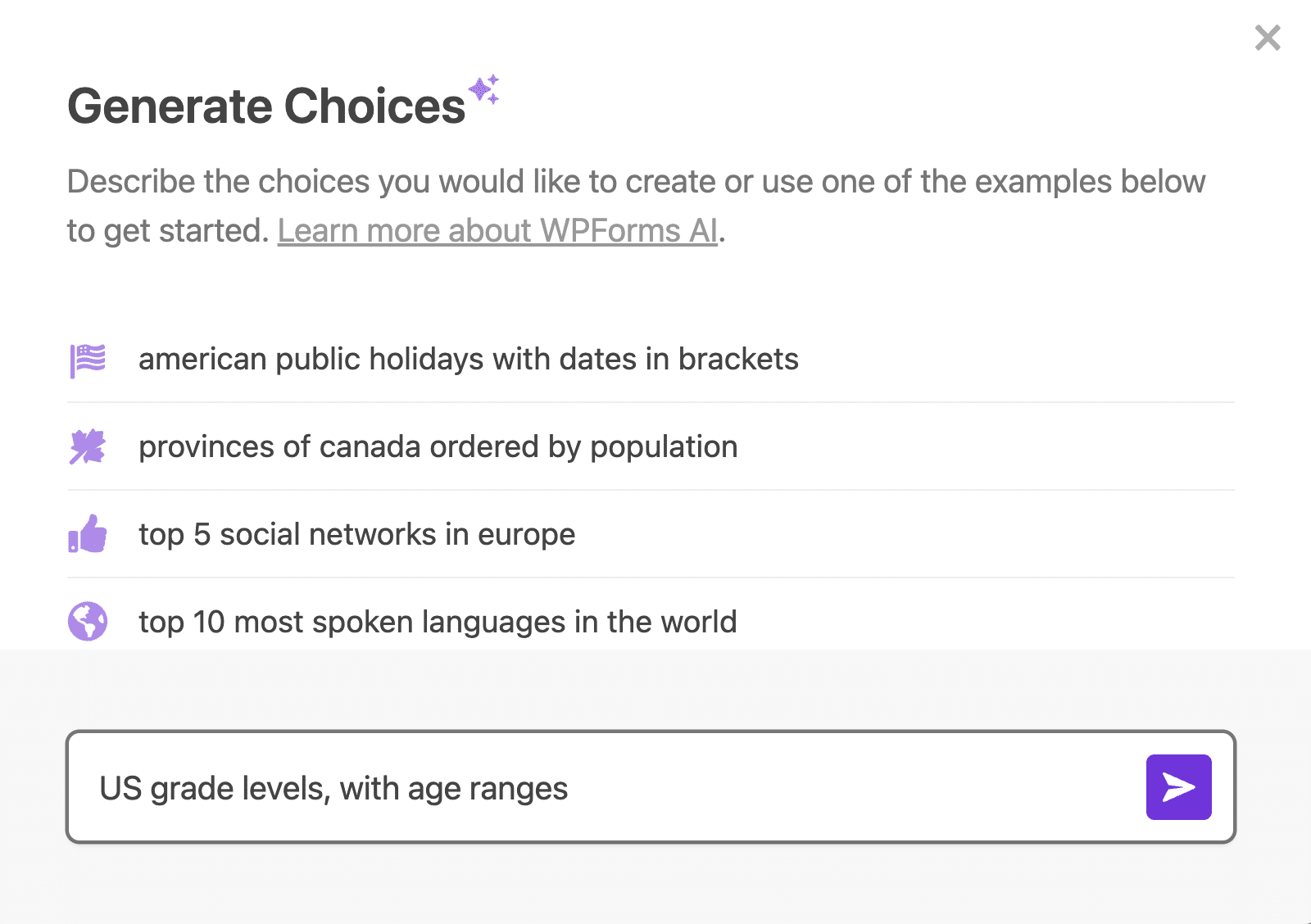 Invite de choix AI - WPForms Generate AI choices