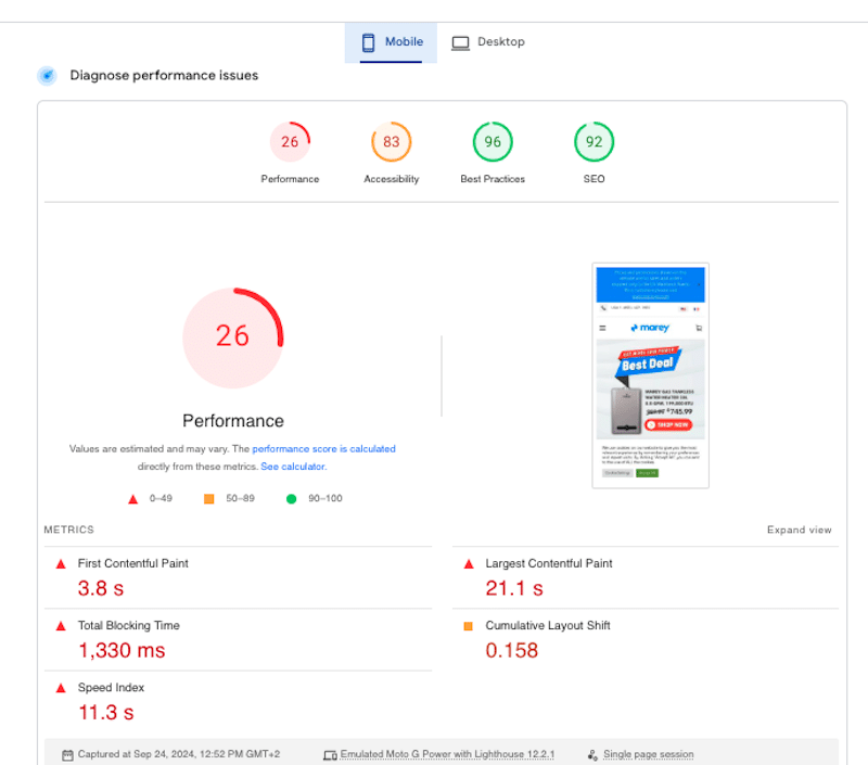 L'audit si concentra sui Core Web Vitals e su altri parametri chiave delle prestazioni, mentre la sezione Opportunità evidenzia suggerimenti attuabili come l'ottimizzazione delle immagini, l'eliminazione delle risorse che bloccano la visualizzazione, l'utilizzo della memorizzazione nella cache e la riduzione al minimo dei JavaScript inutilizzati.