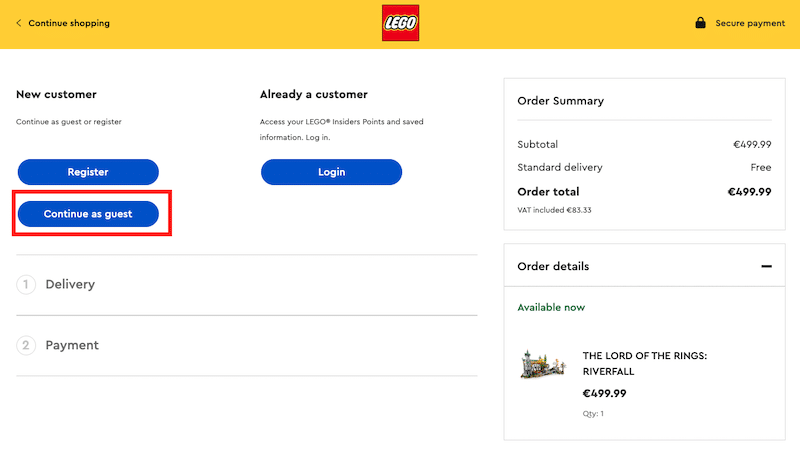 Checkout per gli ospiti, l'iscrizione e l'accesso - Fonte: Lego