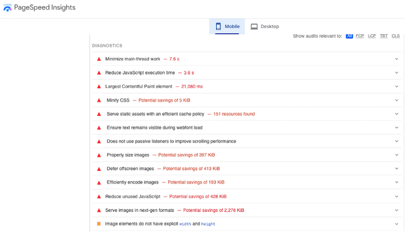 Esempio di diagnostica delle prestazioni che necessita di miglioramento - Fonte: PageSpeed Insights