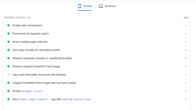 La sezione Audit superati - Fonte: PageSpeed Insights