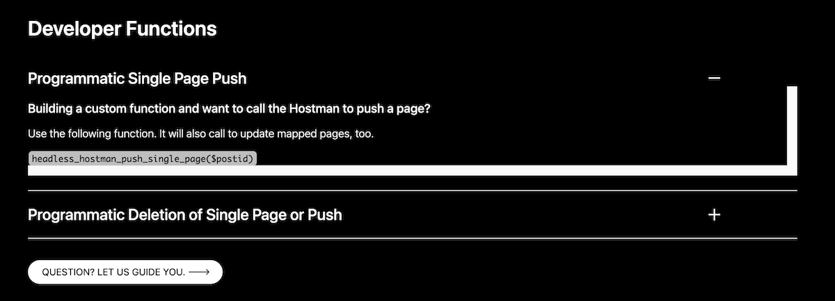 Der Abschnitt „Entwicklerfunktionen“ des Headless Hostman-Verwaltungspanels.