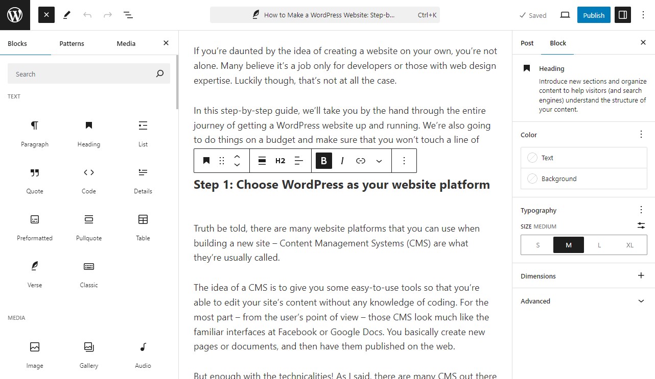 WordPress ブロックエディターのインターフェース
