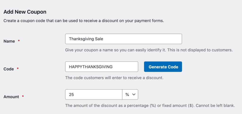 感謝祭クーポン - WPForms add new coupon