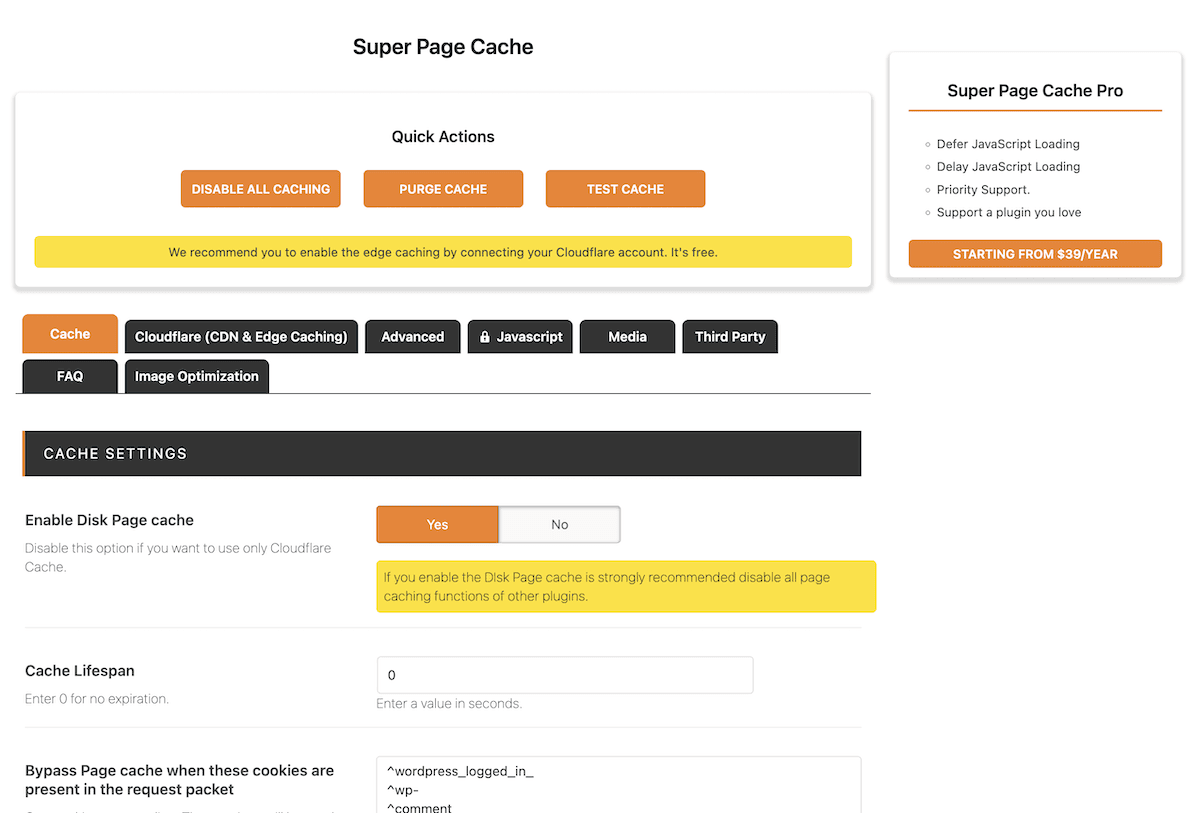L’écran des paramètres du Super Page Cache.