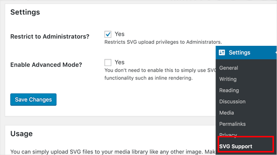 Bagaimana Cara Mengunggah File SVG ke Situs WordPress dengan Aman? 11 Configuring the SVG support plugin Settings