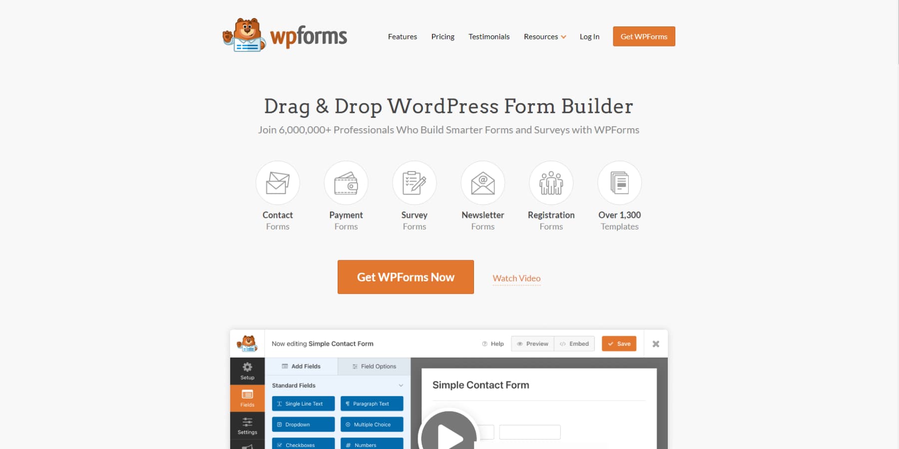 Ein Screenshot der Homepage von WPForms
