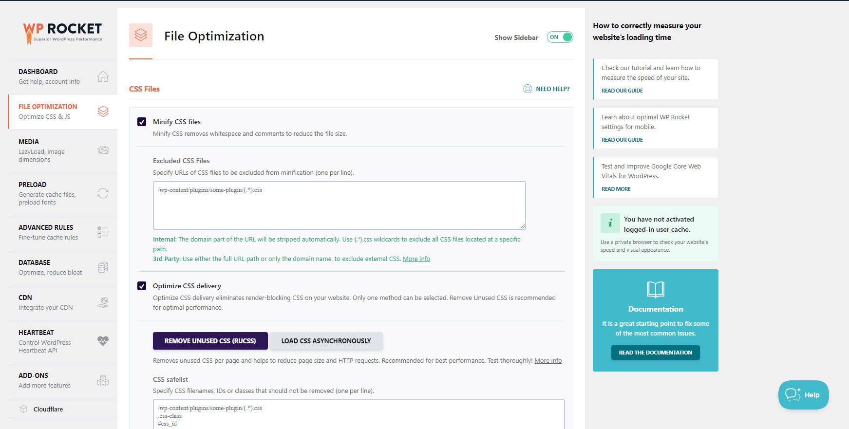 WP Rocket-Minimierungsoptionen im WP-Dashboard